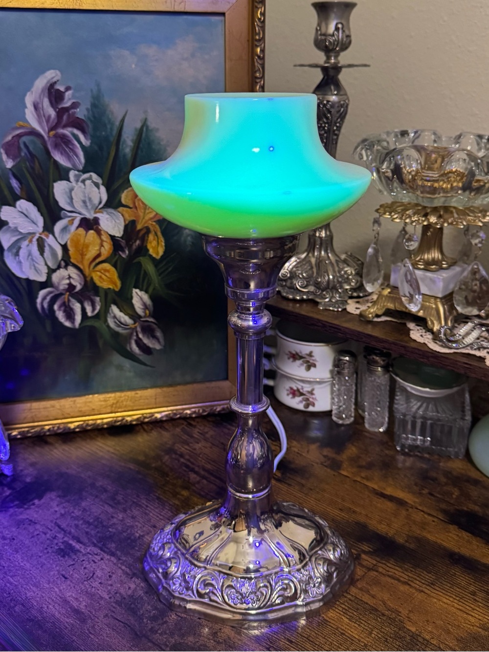RARE Antique Art Deco Hand-Blown Uranium Custard Glass Silver-Plated Lamp Set